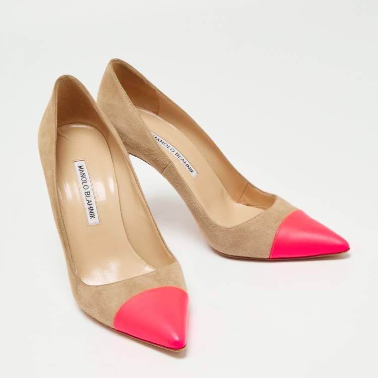 Pre Owned Manolo Blahnik Beige/Pink Suede And Leather Cap-Toe Bipunta Pumps Size 38