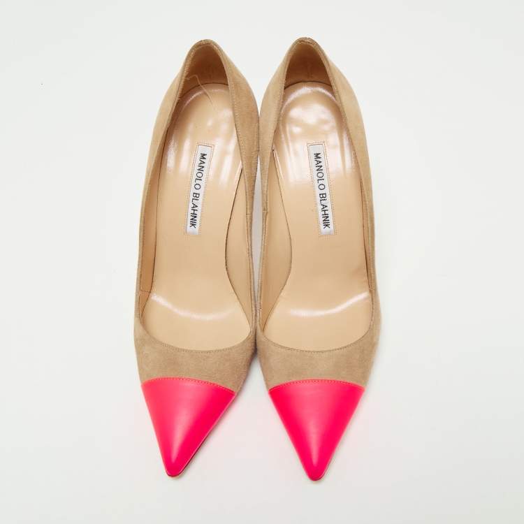 Pre Owned Manolo Blahnik Beige/Pink Suede And Leather Cap-Toe Bipunta Pumps Size 38