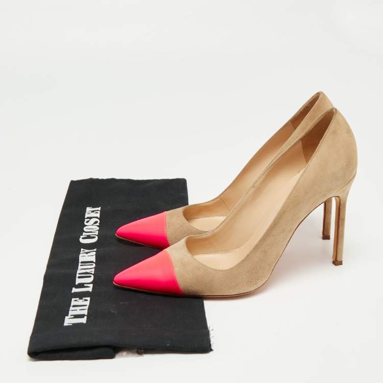 Pre Owned Manolo Blahnik Beige/Pink Suede And Leather Cap-Toe Bipunta Pumps Size 38