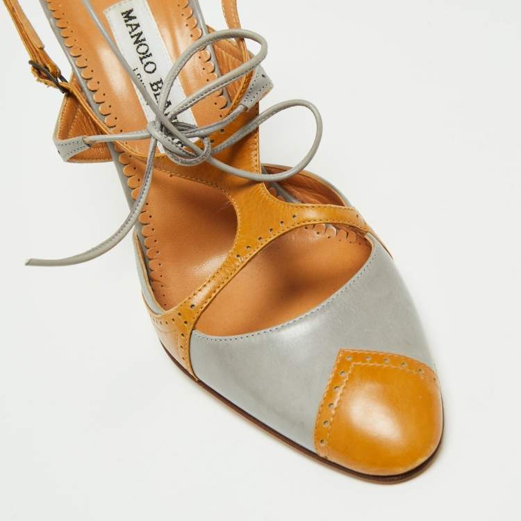 Pre Owned Manolo Blahnik Grey/Brown Leather Ankle Strap Sandals Size 38