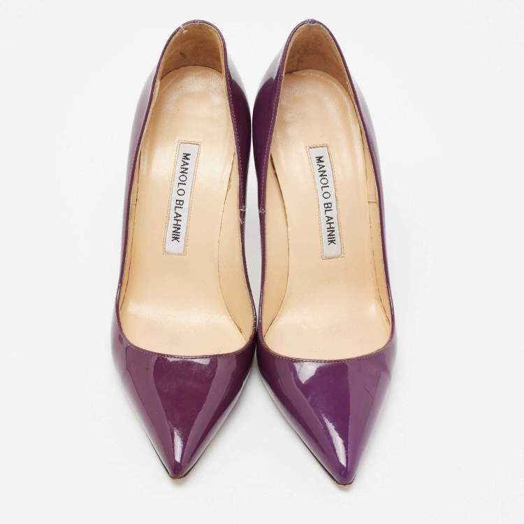 Pre Owned Manolo Blahnik Purple Patent Leather BB Pointed Toe Pumps Size 36.5