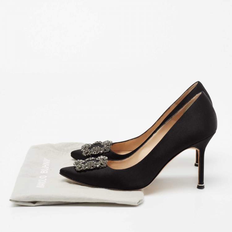 Pre Owned Manolo Blahnik Black Satin Hangisi Embellished Pumps Size 39