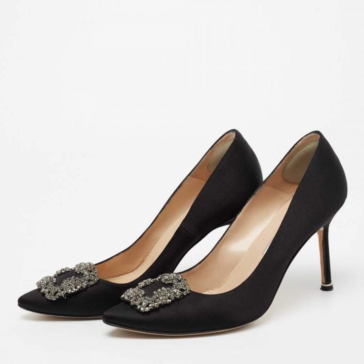 Pre Owned Manolo Blahnik Black Satin Hangisi Embellished Pumps Size 39