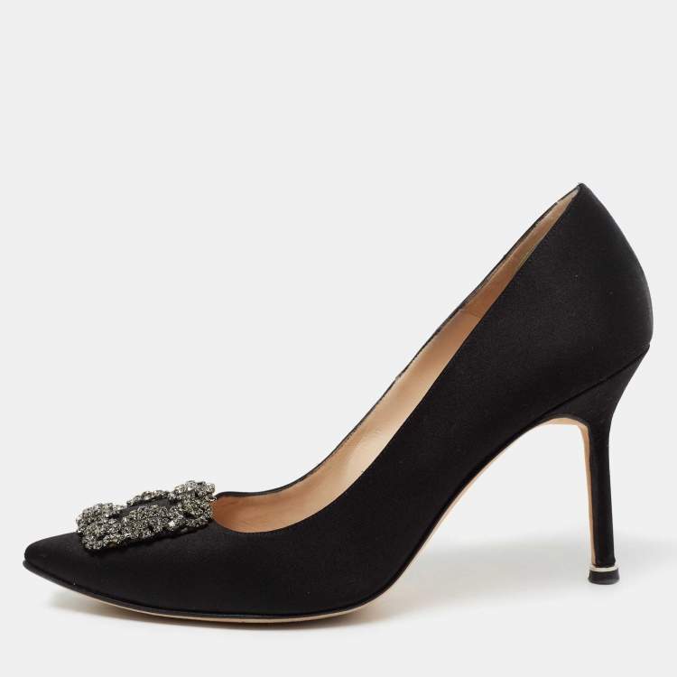 Pre Owned Manolo Blahnik Black Satin Hangisi Embellished Pumps Size 39