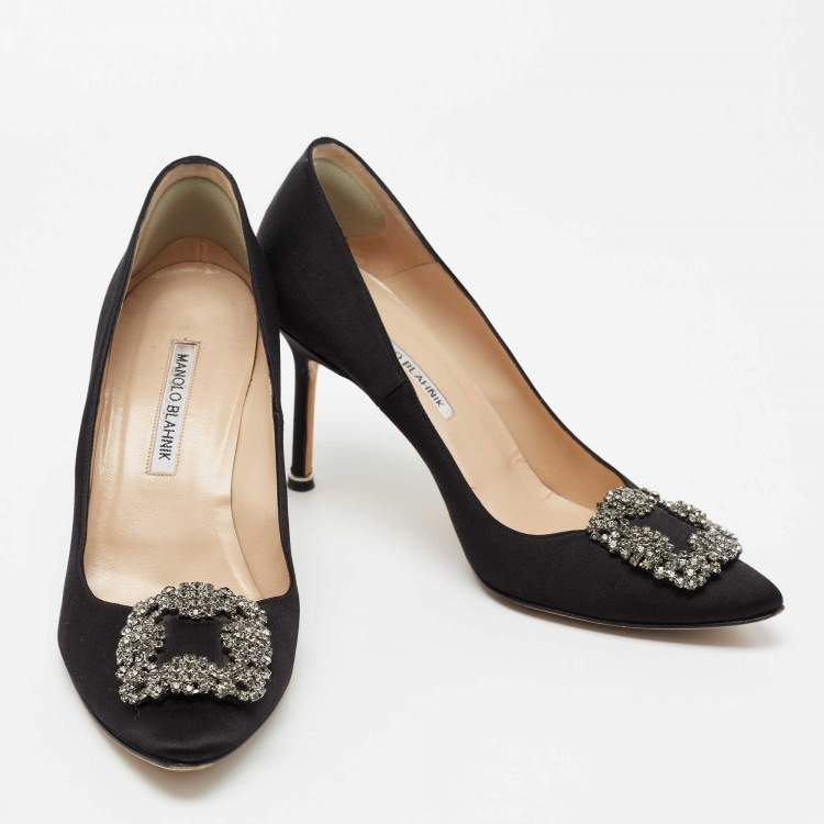 Pre Owned Manolo Blahnik Black Satin Hangisi Embellished Pumps Size 39