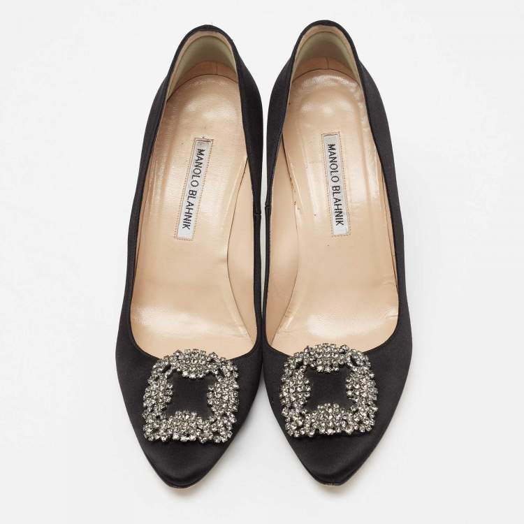 Pre Owned Manolo Blahnik Black Satin Hangisi Embellished Pumps Size 39