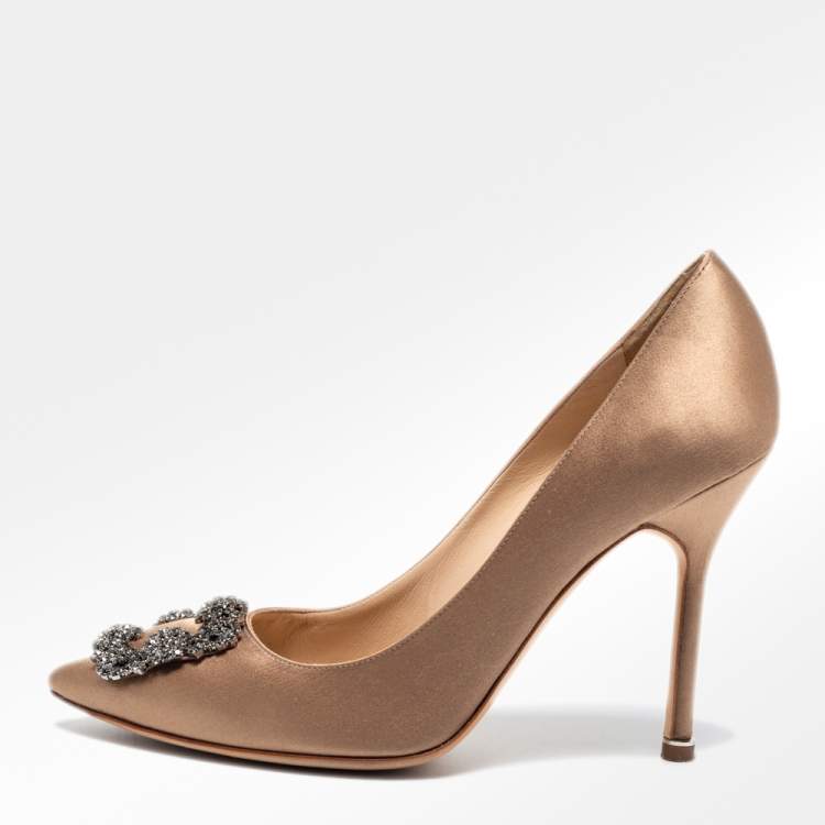 Pre Owned Manolo Blahnik Brown Satin Crystal Embellished Hangisi Pumps Size 39.5