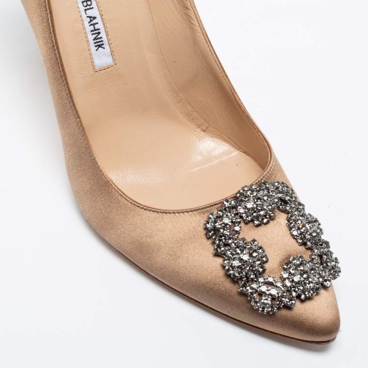 Pre Owned Manolo Blahnik Brown Satin Crystal Embellished Hangisi Pumps Size 39.5