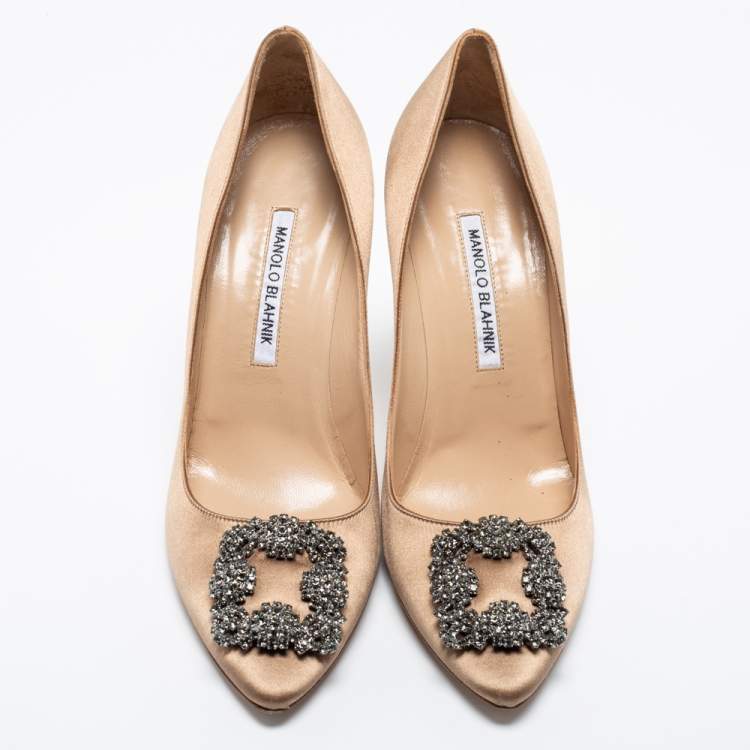 Pre Owned Manolo Blahnik Brown Satin Crystal Embellished Hangisi Pumps Size 39.5