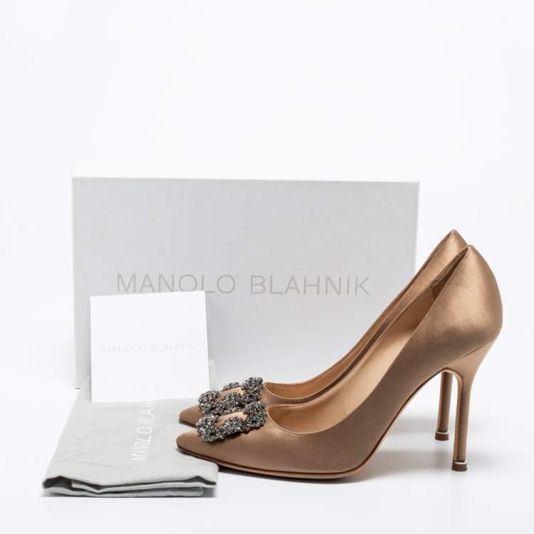 Pre Owned Manolo Blahnik Brown Satin Crystal Embellished Hangisi Pumps Size 39.5