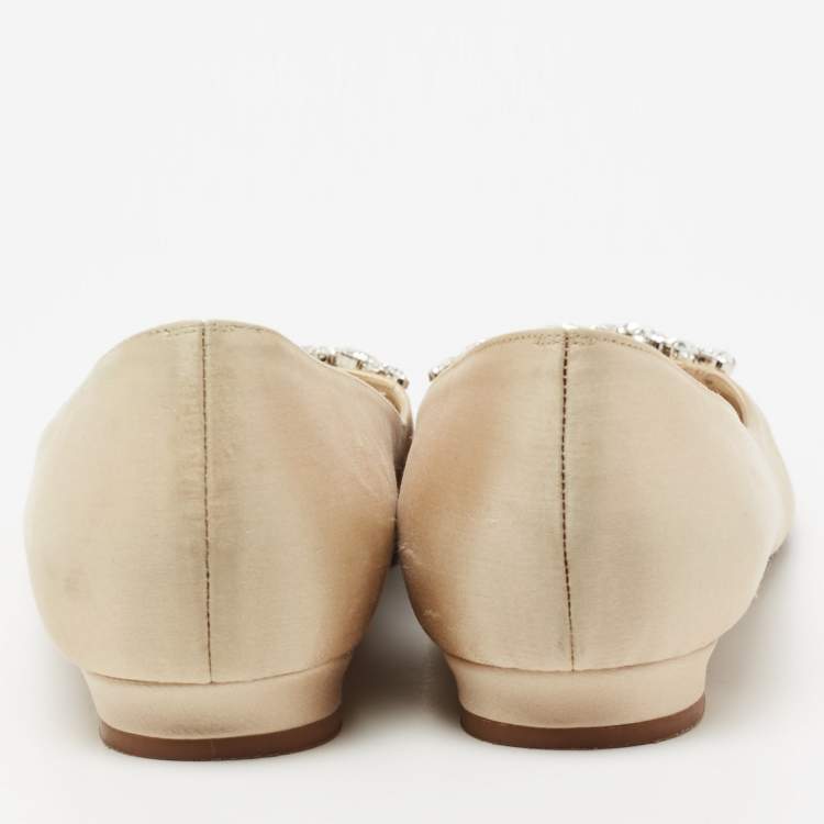 Pre Owned Manolo Blahnik Beige Satin Lurum Embellished Ballet Flats Size 38.5