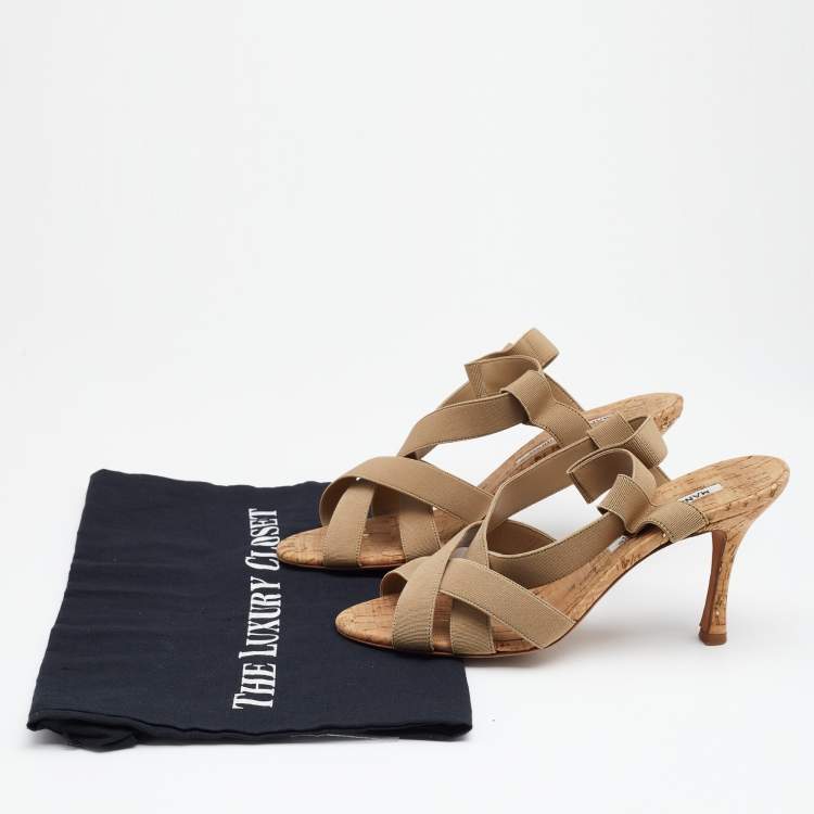 Pre Owned Manolo Blahnik Beige Grosgrain Slingback Sandals Size 37.5