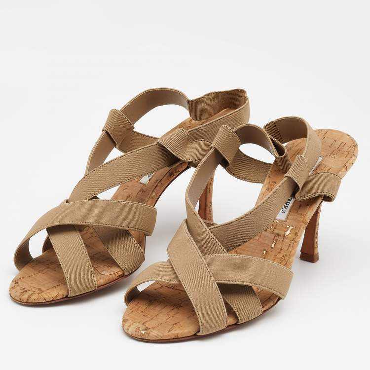 Pre Owned Manolo Blahnik Beige Grosgrain Slingback Sandals Size 37.5