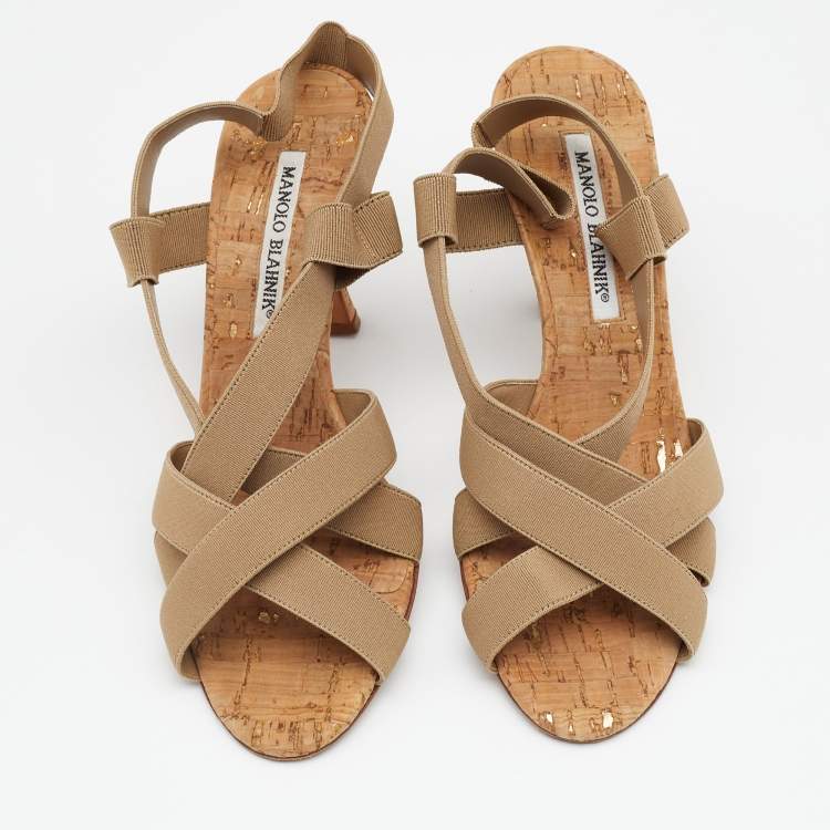 Pre Owned Manolo Blahnik Beige Grosgrain Slingback Sandals Size 37.5