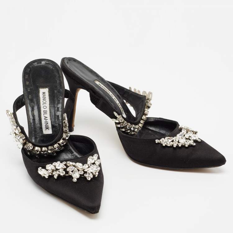 Pre Owned Manolo Blahnik Black Satin Leather Lurum Mules Size 37.5