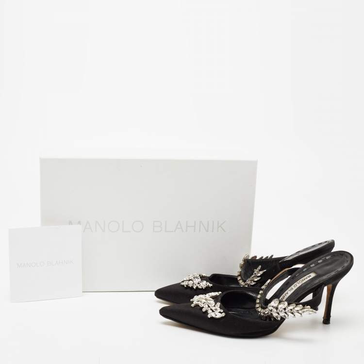 Pre Owned Manolo Blahnik Black Satin Leather Lurum Mules Size 37.5