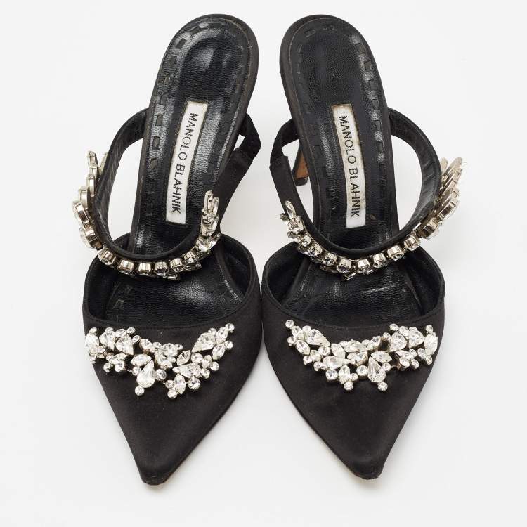 Pre Owned Manolo Blahnik Black Satin Leather Lurum Mules Size 37.5