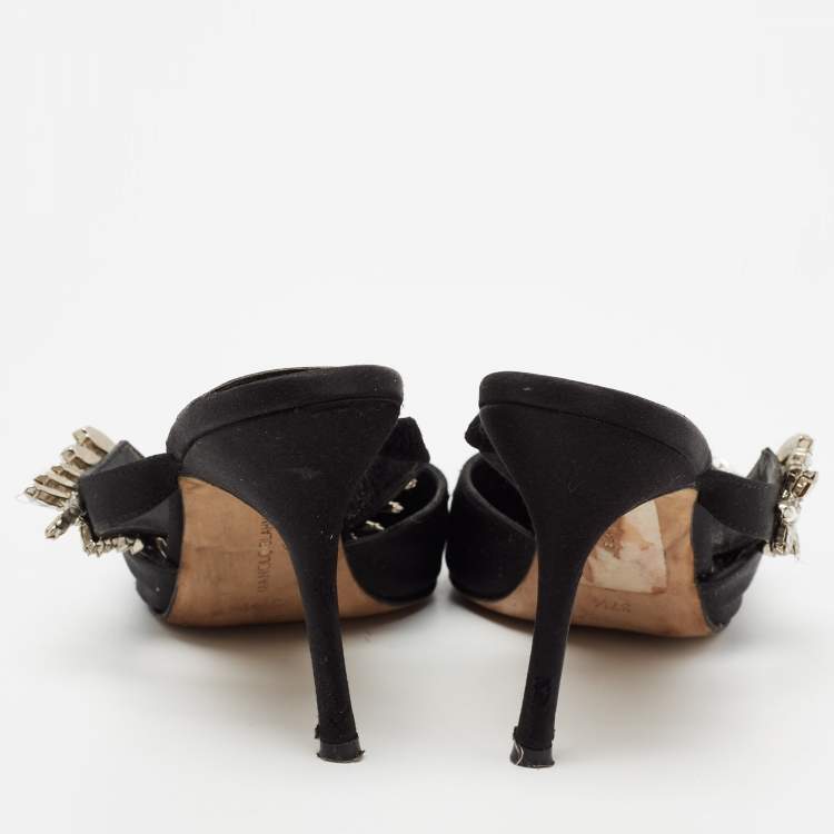 Pre Owned Manolo Blahnik Black Satin Leather Lurum Mules Size 37.5