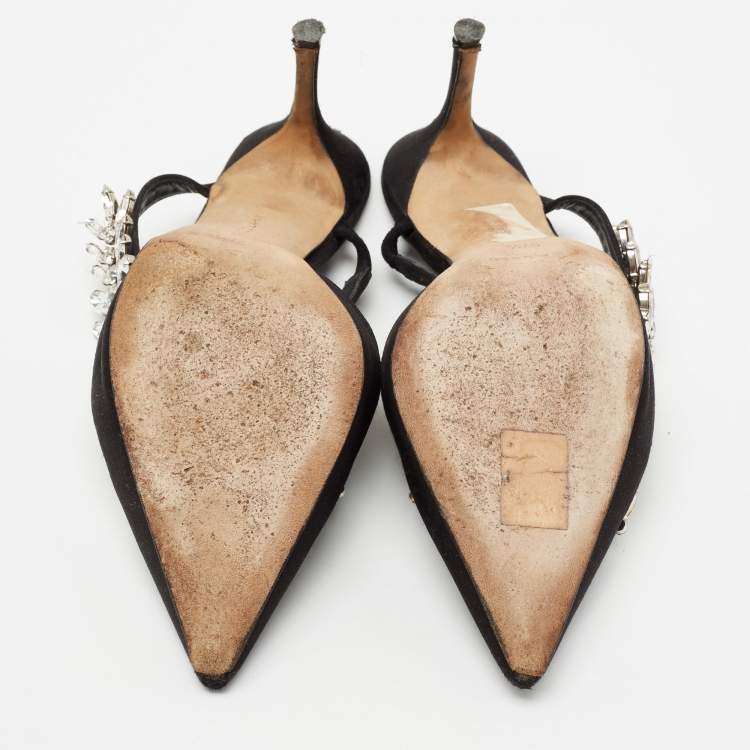 Pre Owned Manolo Blahnik Black Satin Leather Lurum Mules Size 37.5