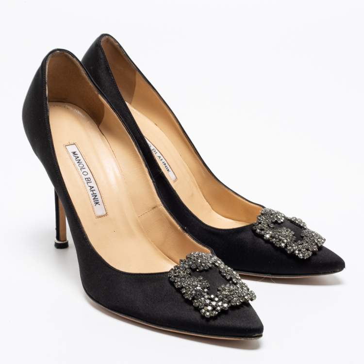 Pre Owned Manolo Blahnik Black Satin Hangisi Pumps Size 40.5