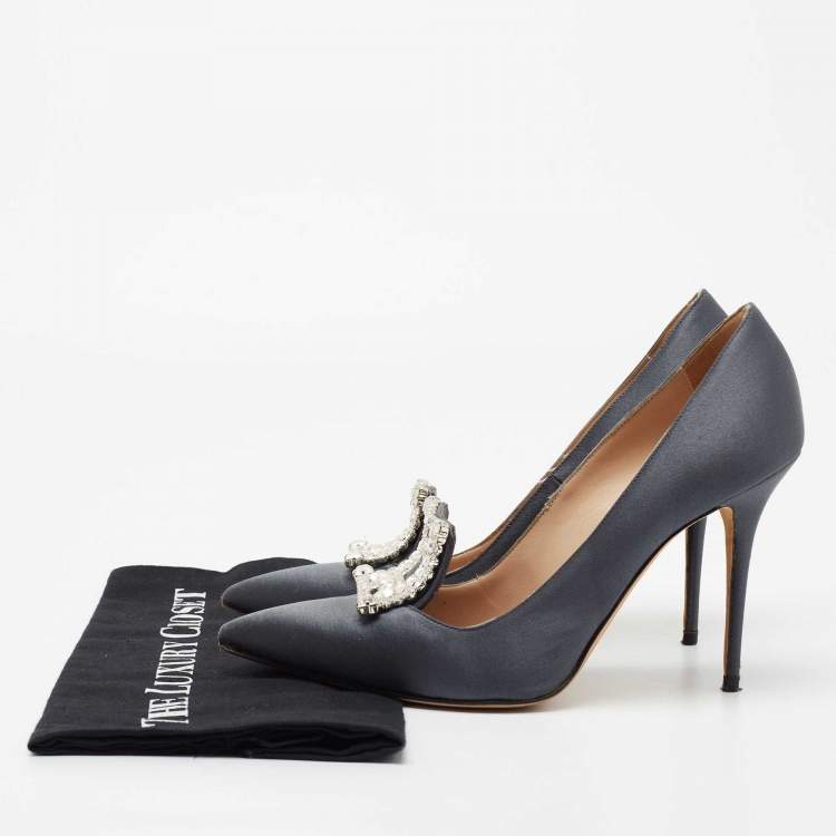 Pre Owned Manolo Blahnik Grey Satin Crystal Embellished Borlak Pumps Size 39.5