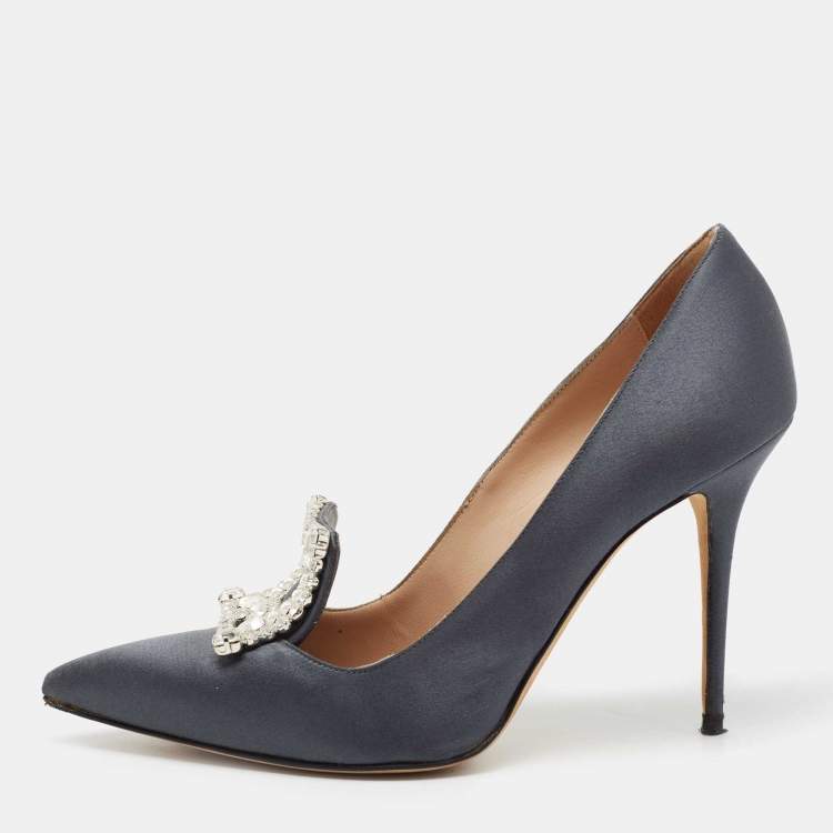 Pre Owned Manolo Blahnik Grey Satin Crystal Embellished Borlak Pumps Size 39.5