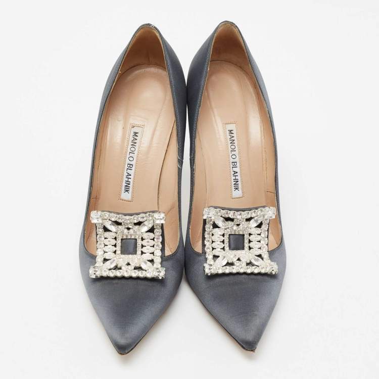 Pre Owned Manolo Blahnik Grey Satin Crystal Embellished Borlak Pumps Size 39.5