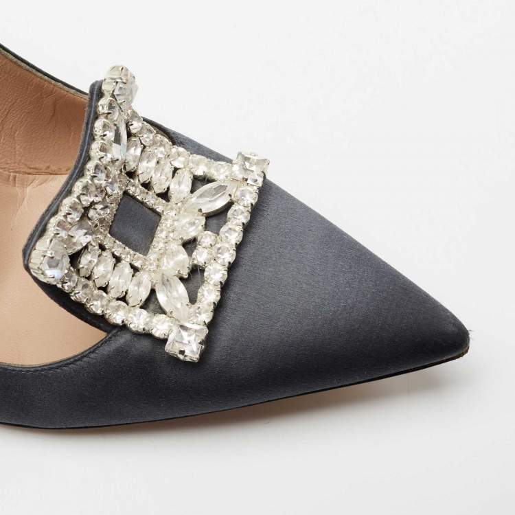 Pre Owned Manolo Blahnik Grey Satin Crystal Embellished Borlak Pumps Size 39.5