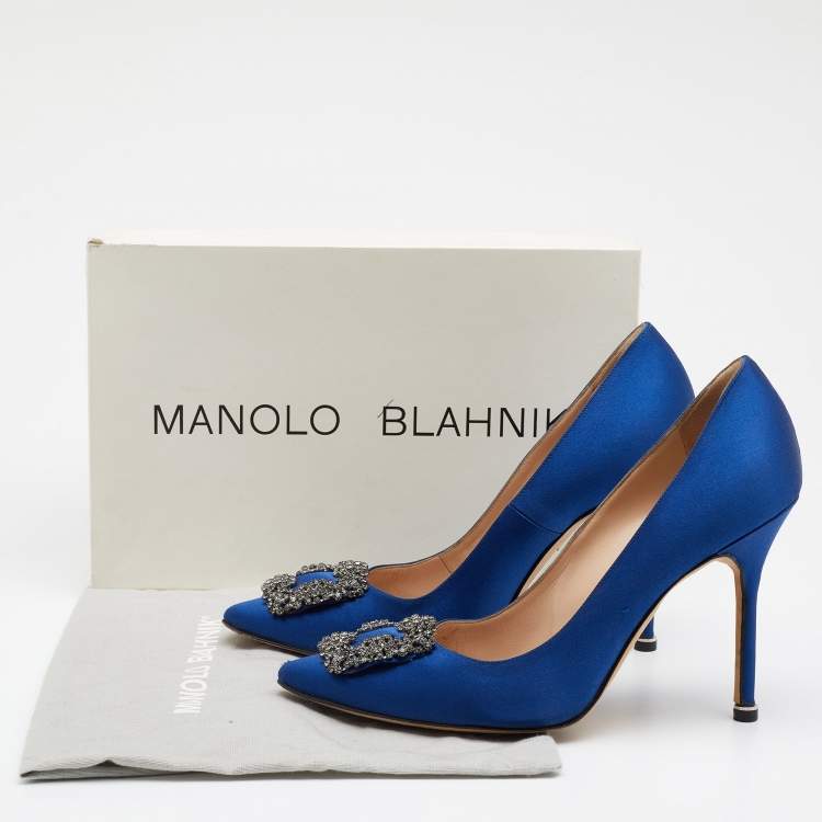 Pre Owned Manolo Blahnik Blue Satin Hangisi Embellished Pumps Size 38