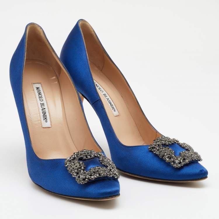Pre Owned Manolo Blahnik Blue Satin Hangisi Embellished Pumps Size 38