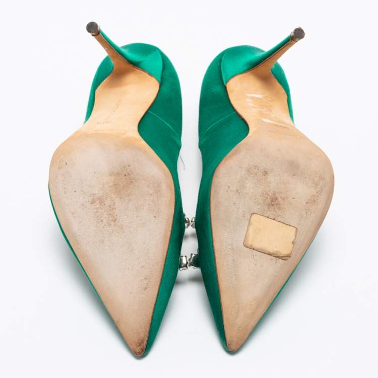 Pre Owned Manolo Blahnik Green Satin Crystal Embellished Borlak Pumps Size 36.5