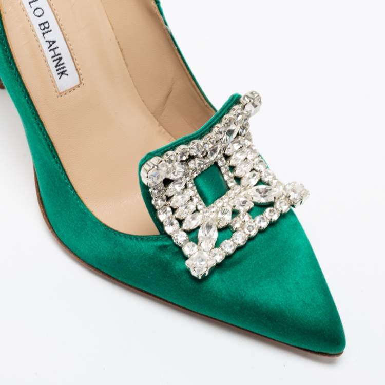 Pre Owned Manolo Blahnik Green Satin Crystal Embellished Borlak Pumps Size 36.5