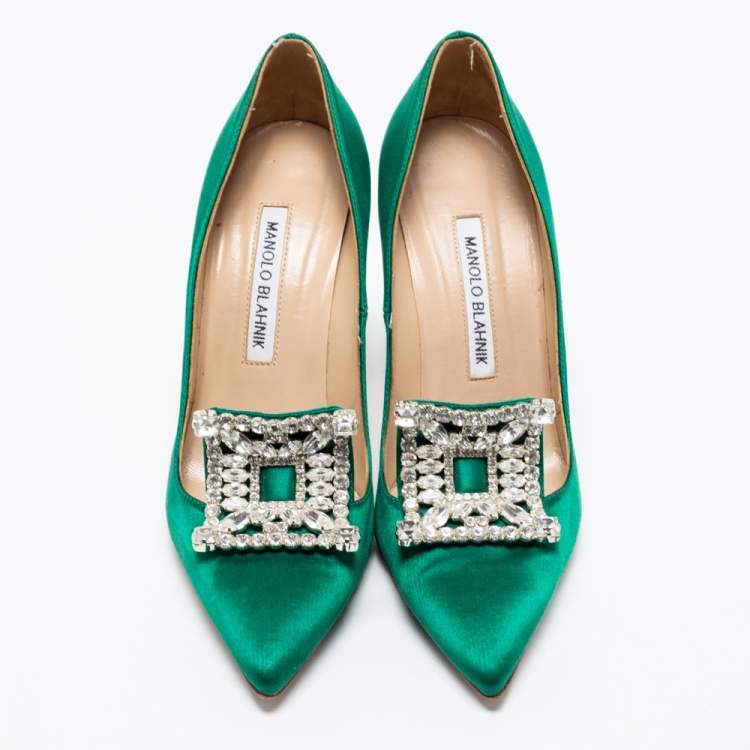 Pre Owned Manolo Blahnik Green Satin Crystal Embellished Borlak Pumps Size 36.5