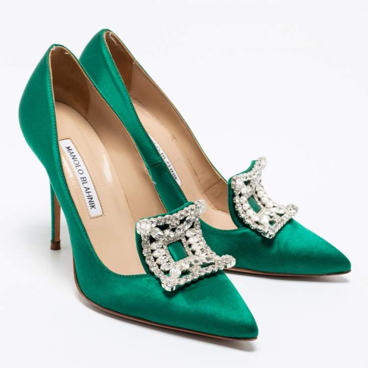 Pre Owned Manolo Blahnik Green Satin Crystal Embellished Borlak Pumps Size 36.5