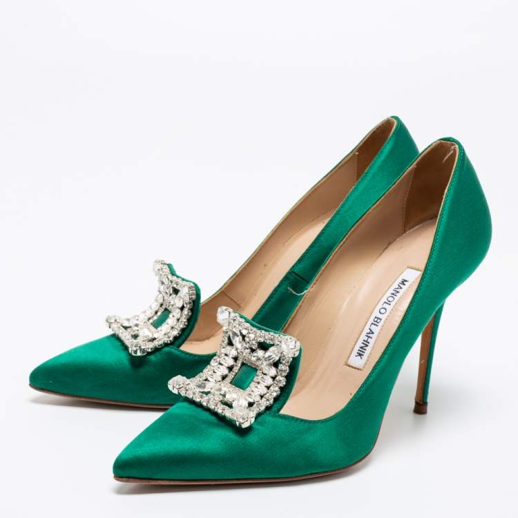 Pre Owned Manolo Blahnik Green Satin Crystal Embellished Borlak Pumps Size 36.5
