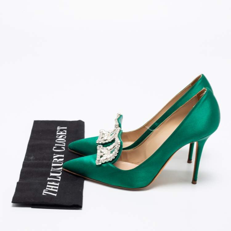 Pre Owned Manolo Blahnik Green Satin Crystal Embellished Borlak Pumps Size 36.5