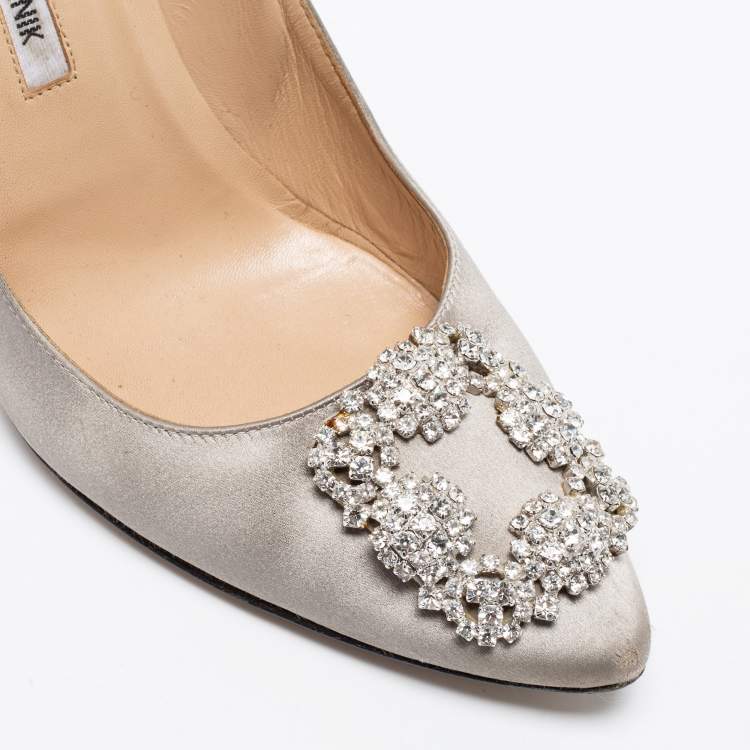 Pre Owned Manolo Blahnik Grey Satin Hangisi Pumps Size 39