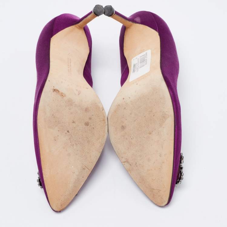 Pre Owned Manolo Blahnik Purple Satin Hangisi Crystal Embellished Pumps Size 37