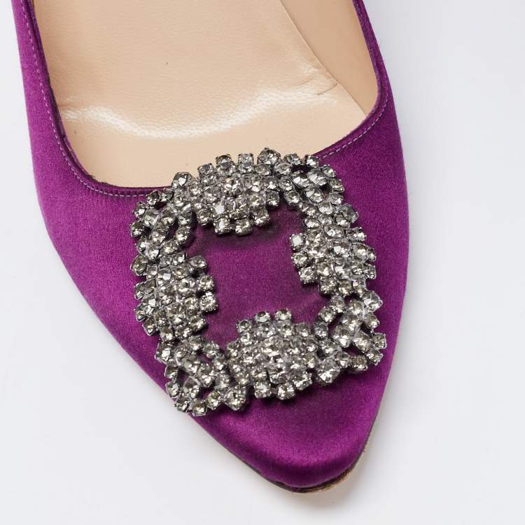 Pre Owned Manolo Blahnik Purple Satin Hangisi Crystal Embellished Pumps Size 37