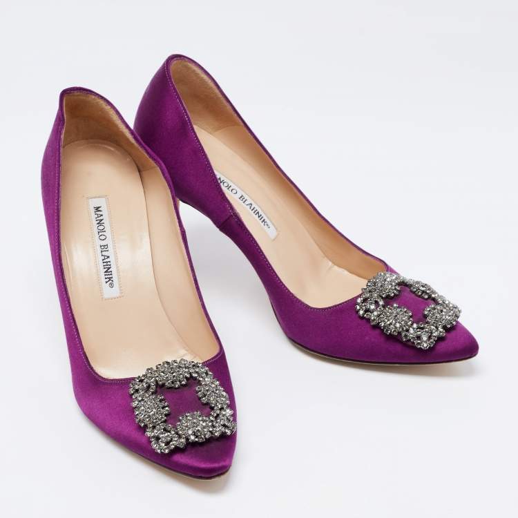 Pre Owned Manolo Blahnik Purple Satin Hangisi Crystal Embellished Pumps Size 37