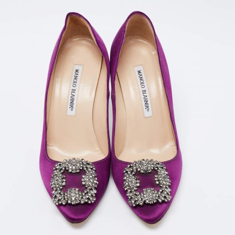 Pre Owned Manolo Blahnik Purple Satin Hangisi Crystal Embellished Pumps Size 37