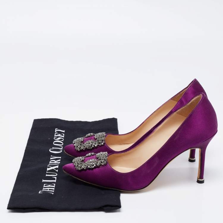 Pre Owned Manolo Blahnik Purple Satin Hangisi Crystal Embellished Pumps Size 37