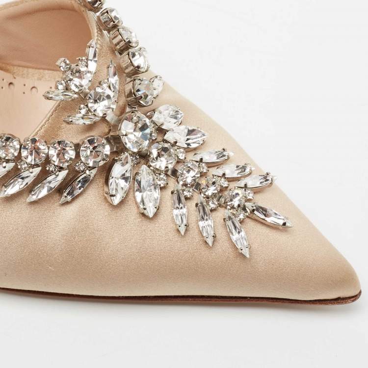 Pre Owned Manolo Blahnik  Gold Satin Lala Crystal Embellished Pointed Toe Pumps Size 39.5