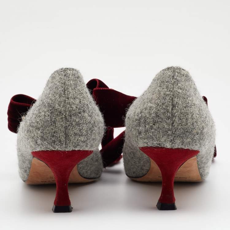 Pre Owned  Manolo Blahnik Grey/Burgundy Tweed And Velvet Bow Serba Pumps Size 39.5