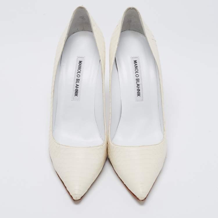 Pre Owned Manolo Blahnik White Python Leather BB Pointed Toe Pumps Size 38