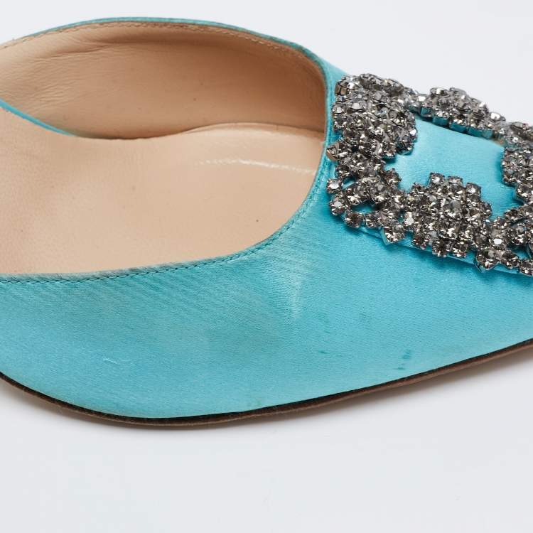 Pre Owned Manolo Blahnik Blue Satin Hangisi Crystal Embellished D'Orsay Pumps Size 42