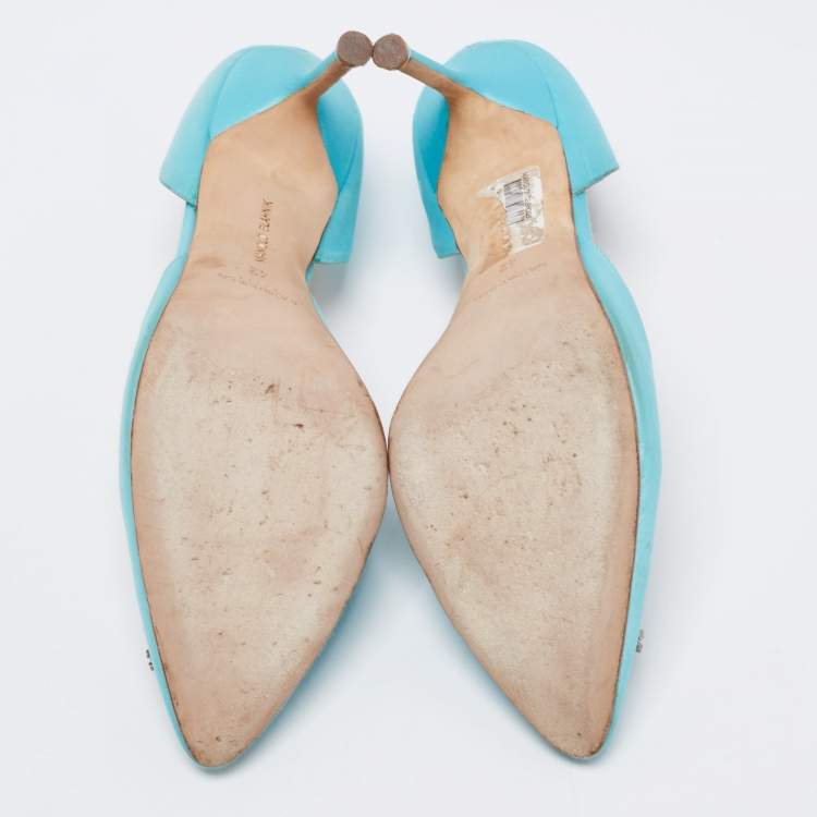 Pre Owned Manolo Blahnik Blue Satin Hangisi Crystal Embellished D'Orsay Pumps Size 42