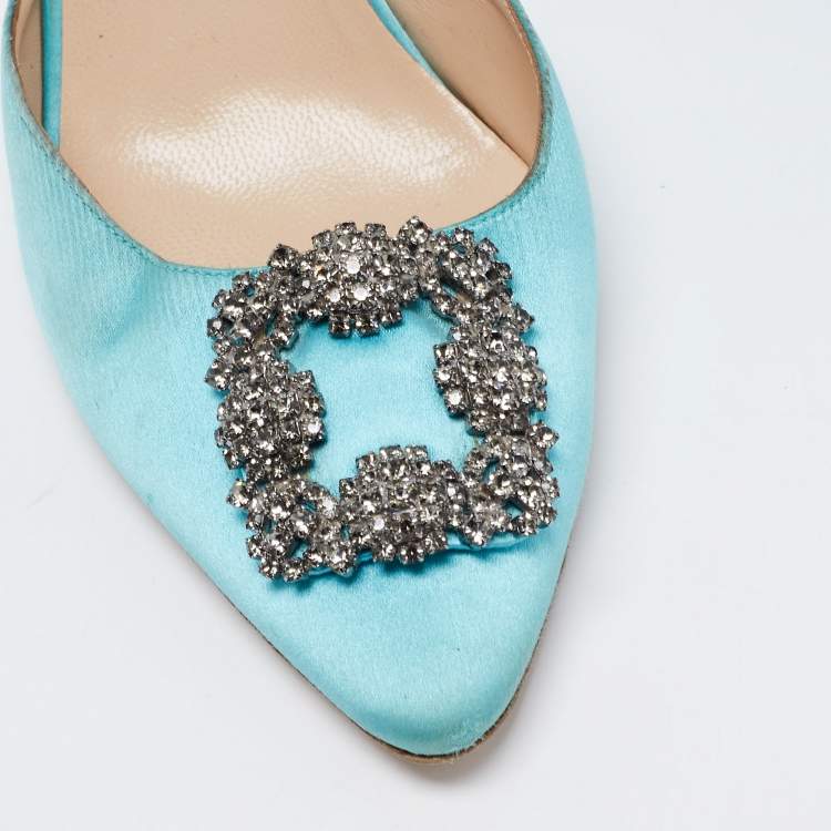 Pre Owned Manolo Blahnik Blue Satin Hangisi Crystal Embellished D'Orsay Pumps Size 42