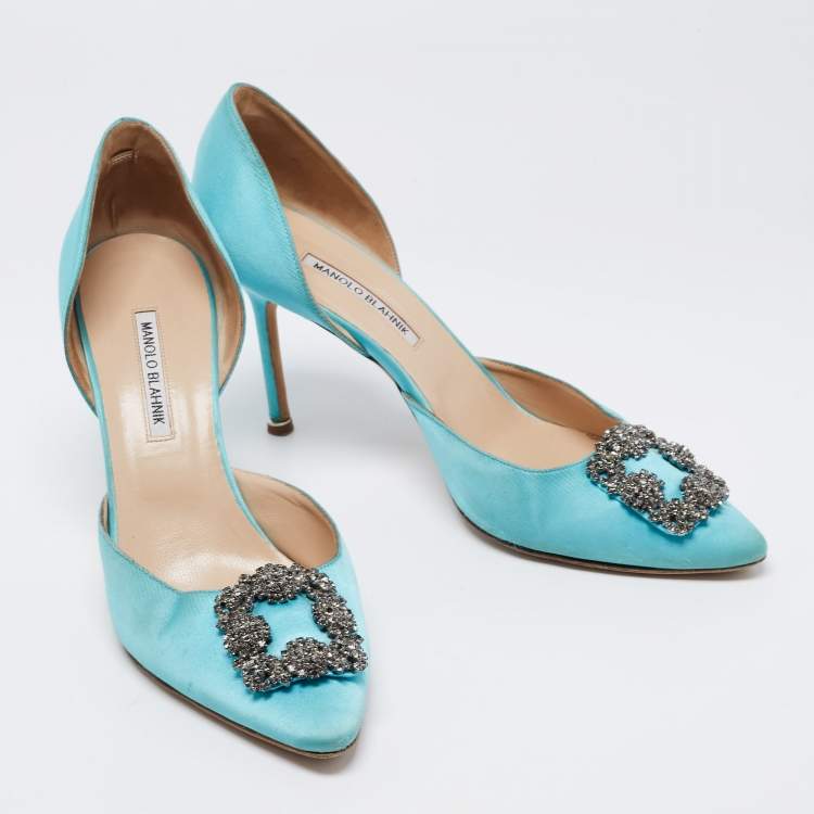 Pre Owned Manolo Blahnik Blue Satin Hangisi Crystal Embellished D'Orsay Pumps Size 42