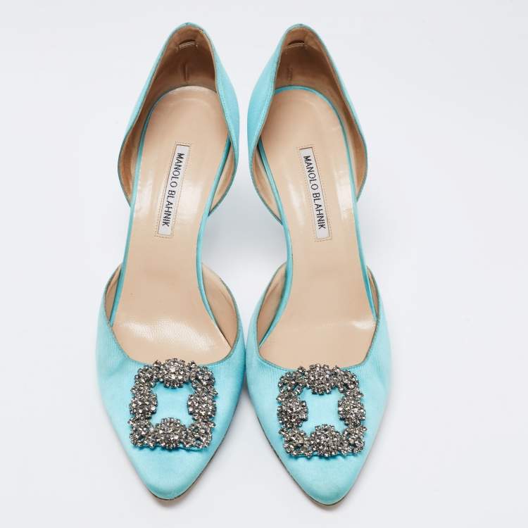 Pre Owned Manolo Blahnik Blue Satin Hangisi Crystal Embellished D'Orsay Pumps Size 42